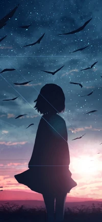 Silhouette d'une fille dans un paysage animé, entourée d'oiseaux contre un ciel étoilé à l'aube.