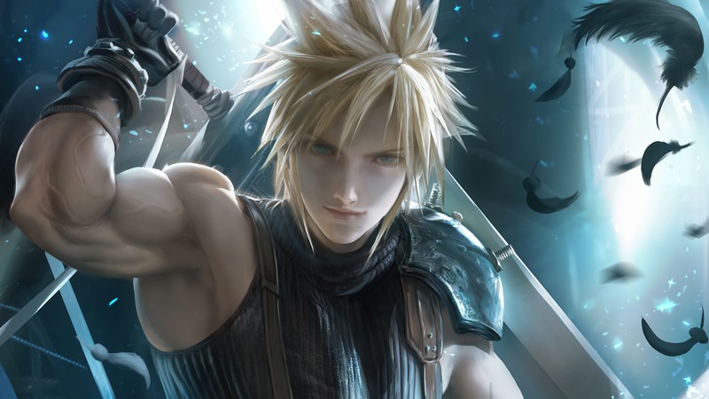 Крупный план человека, держащего меч в темной комнате (клауд страйф, cloud strife, меч, final fantasy vii remake, final fantasy 7 remake)