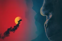 Epos Begegnung: King Kong gegen einen feurigen Sonnenuntergang