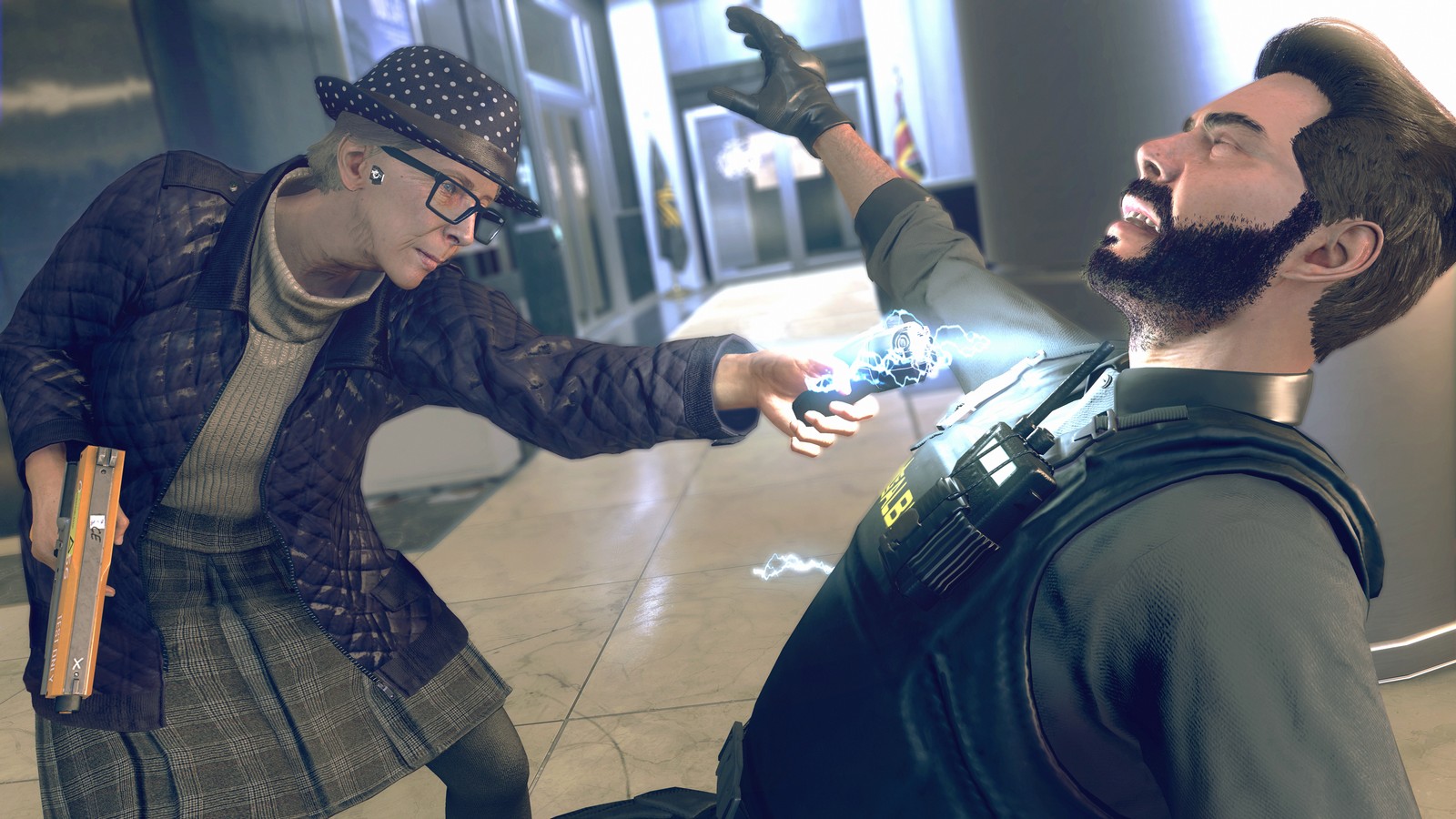 Un gros plan sur deux hommes dans un couloir avec une caméra (watch dogs legion, jeu vidéo, watch dogs 3)