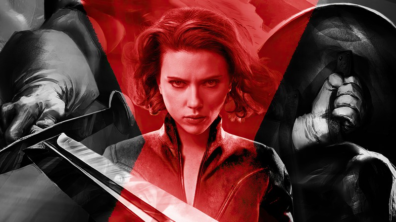 Крупный план женщины с ножом на красном фоне (черная вдова 2020, black widow 2020, фильм, таскмастер, taskmaster)