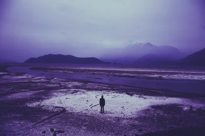 Solitude by the Violet Shore: A Figure Against a Mystical Ocean Horizon