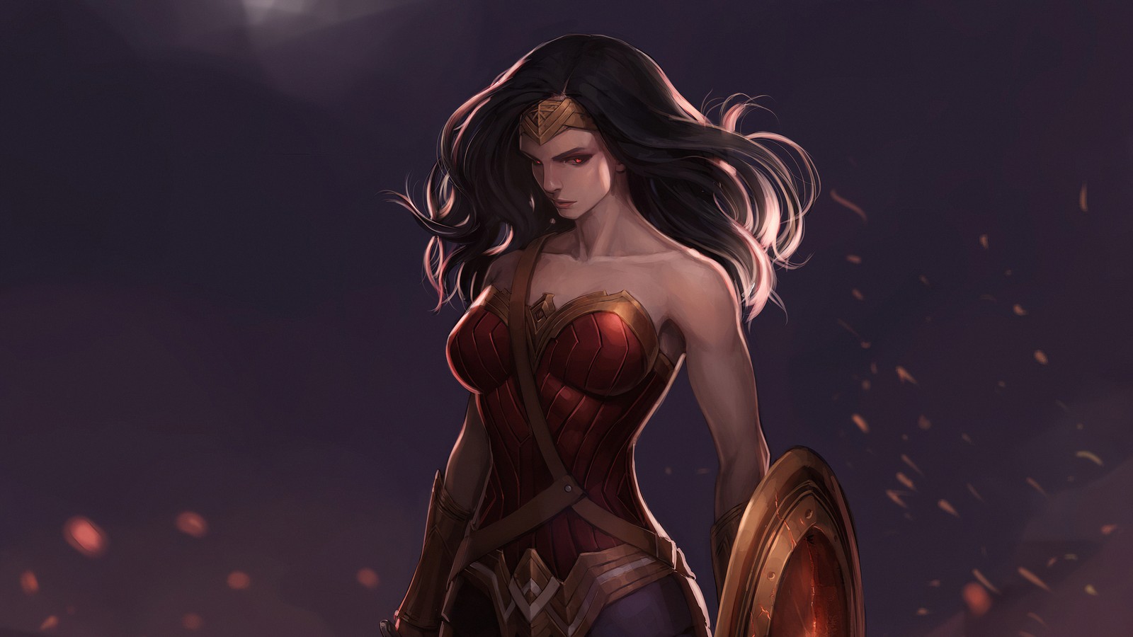 Merveilleuse femme merveille avec un bouclier et un bouclier dans la nuit (wonder woman, fan art, art, super héros, cheveux longs)