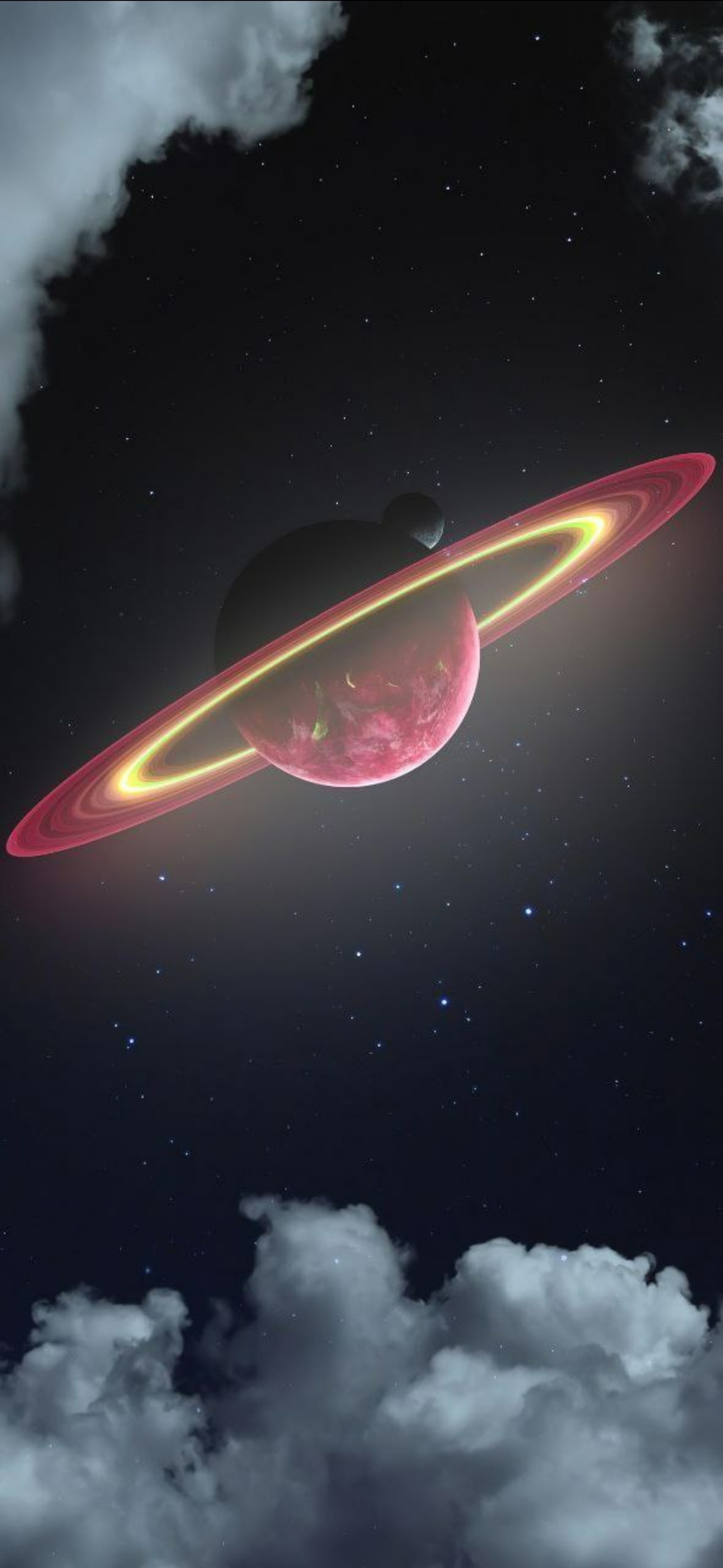 Gros plan d'un objet rouge dans le ciel avec un anneau autour (android, atmosphère, objeto astronomique, science, galaxie)