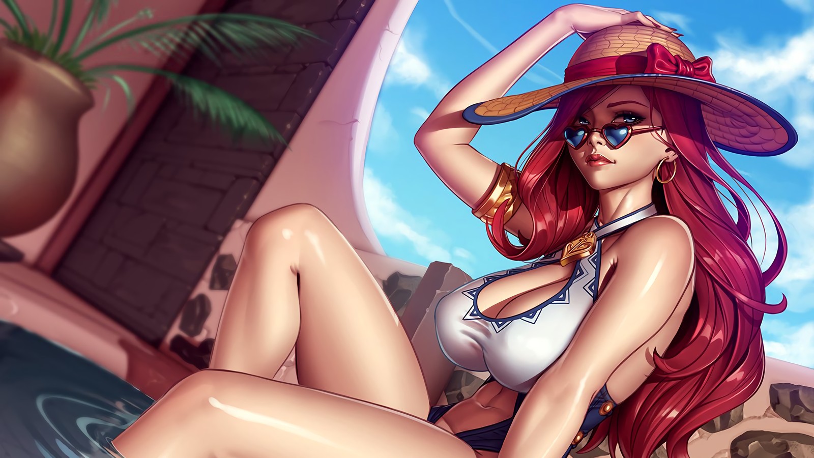 Женщина в бикини и шляпе сидит на диване (мисс фортуна, miss fortune, lol, league of legends, видеоигра)