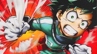 Izuku Midoriya unleashing his power in a dynamic action pose from My Hero Academia.