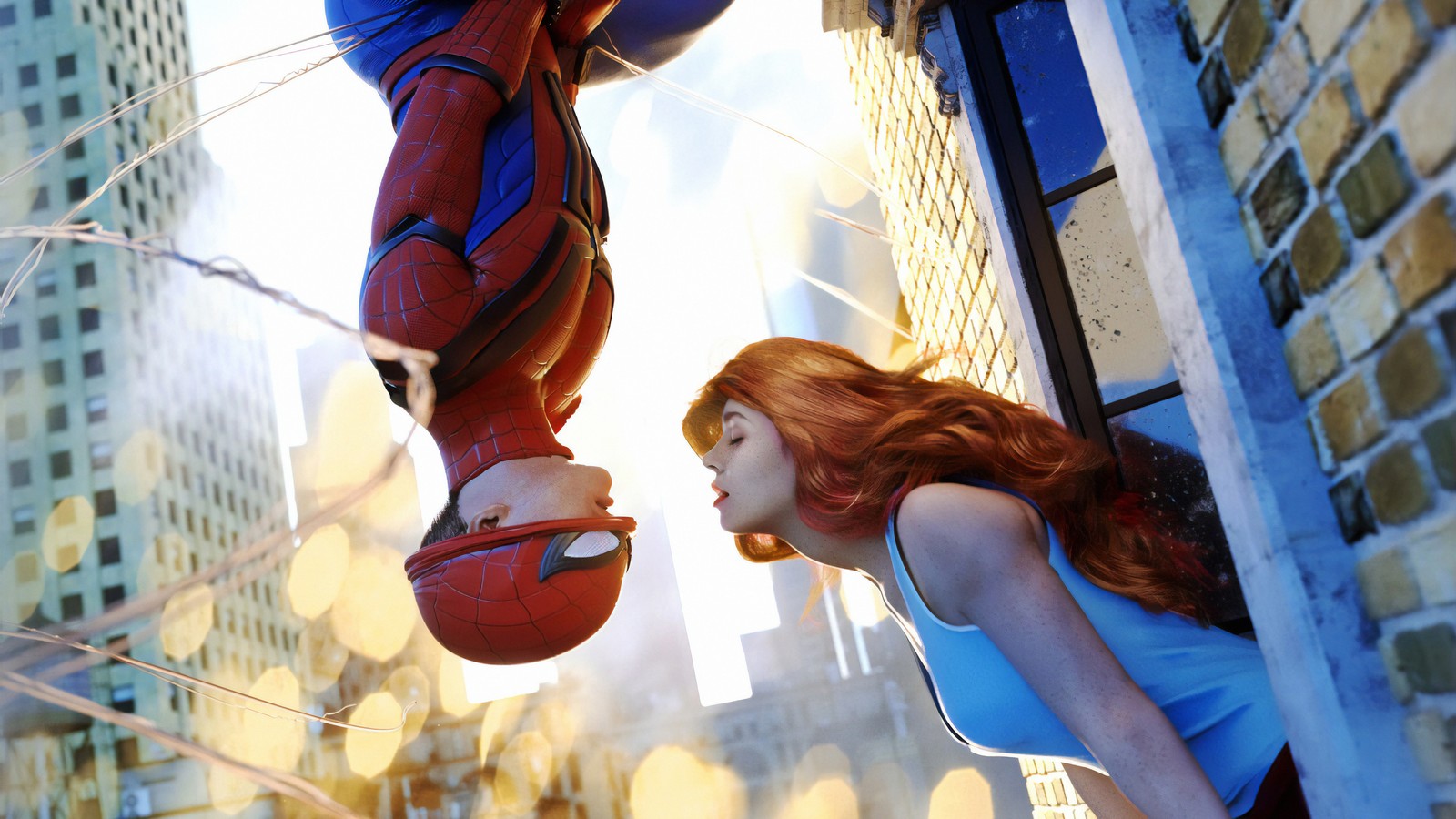 Hombre araña y una mujer en una camisa azul mirándose el uno al otro (spider man, mary jane watson, marvel comics, cómics)