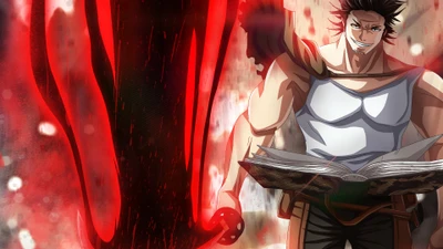 Yami Sukehiro empuñando su katana con energía mágica oscura en una poderosa escena de anime de Black Clover.