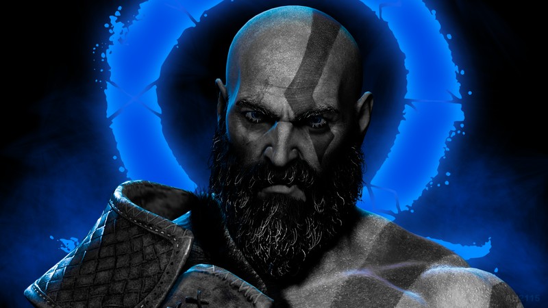 Крупный план мужчины с бородой и синим кольцом (god of war ragnarök, kratos, тёмный фон, игры 2022, игры)