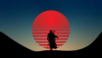 Mandalorian-Silhouette gegen einen roten Sonnenuntergang in einer minimalistischen Landschaft