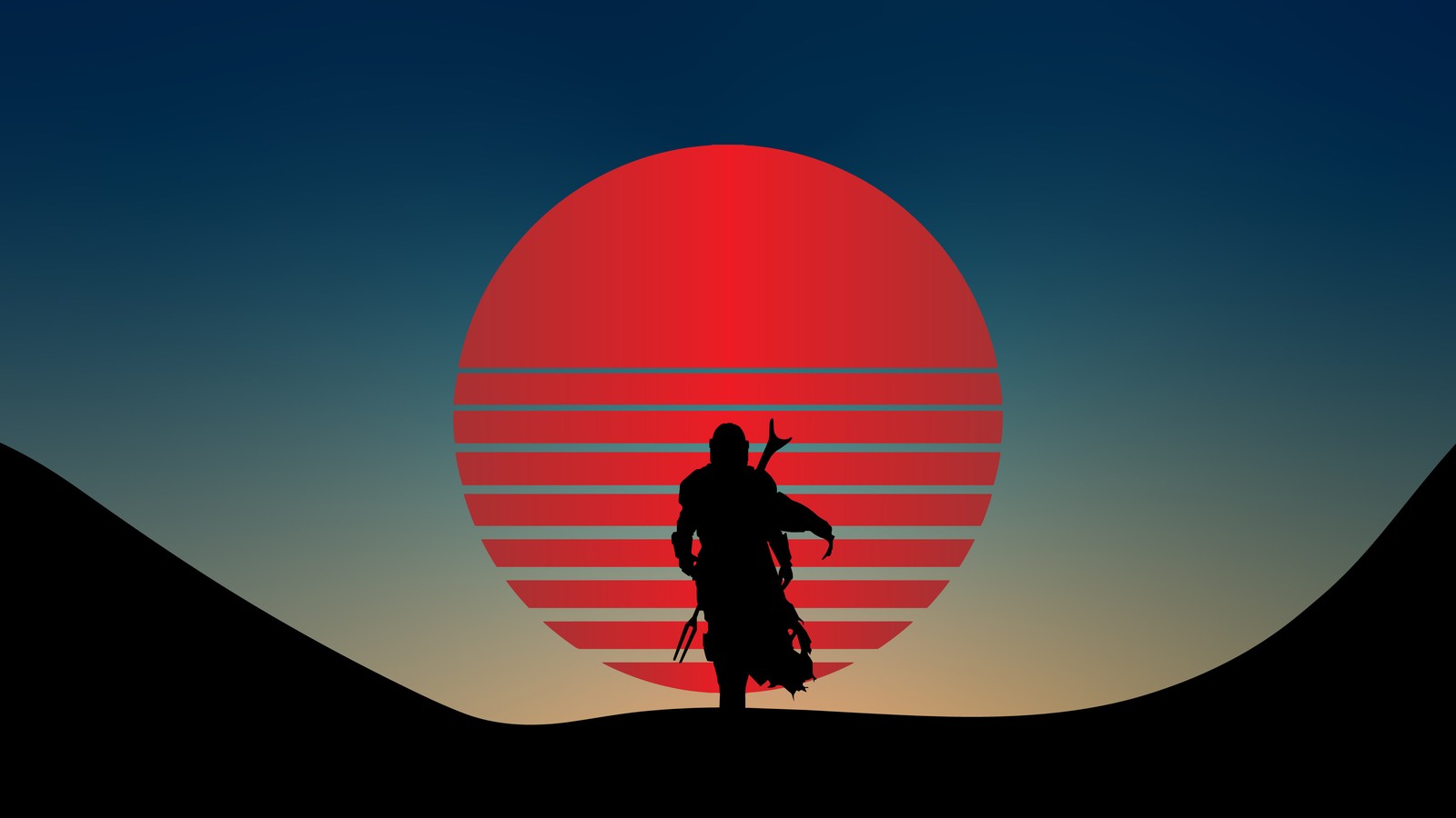 La silueta de una persona con una espada frente a un atardecer (el mandaloriano, star wars, minimalista, minimalismo)