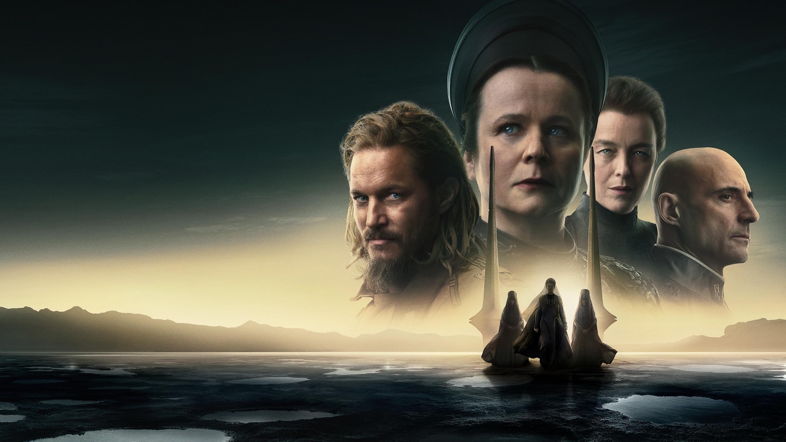 Ein arabisches bild einer gruppe von menschen, die auf einem boot im ozean stehen (dünenprophezeiung, 2024 serie, hbo serien, emily watson, mark strong)