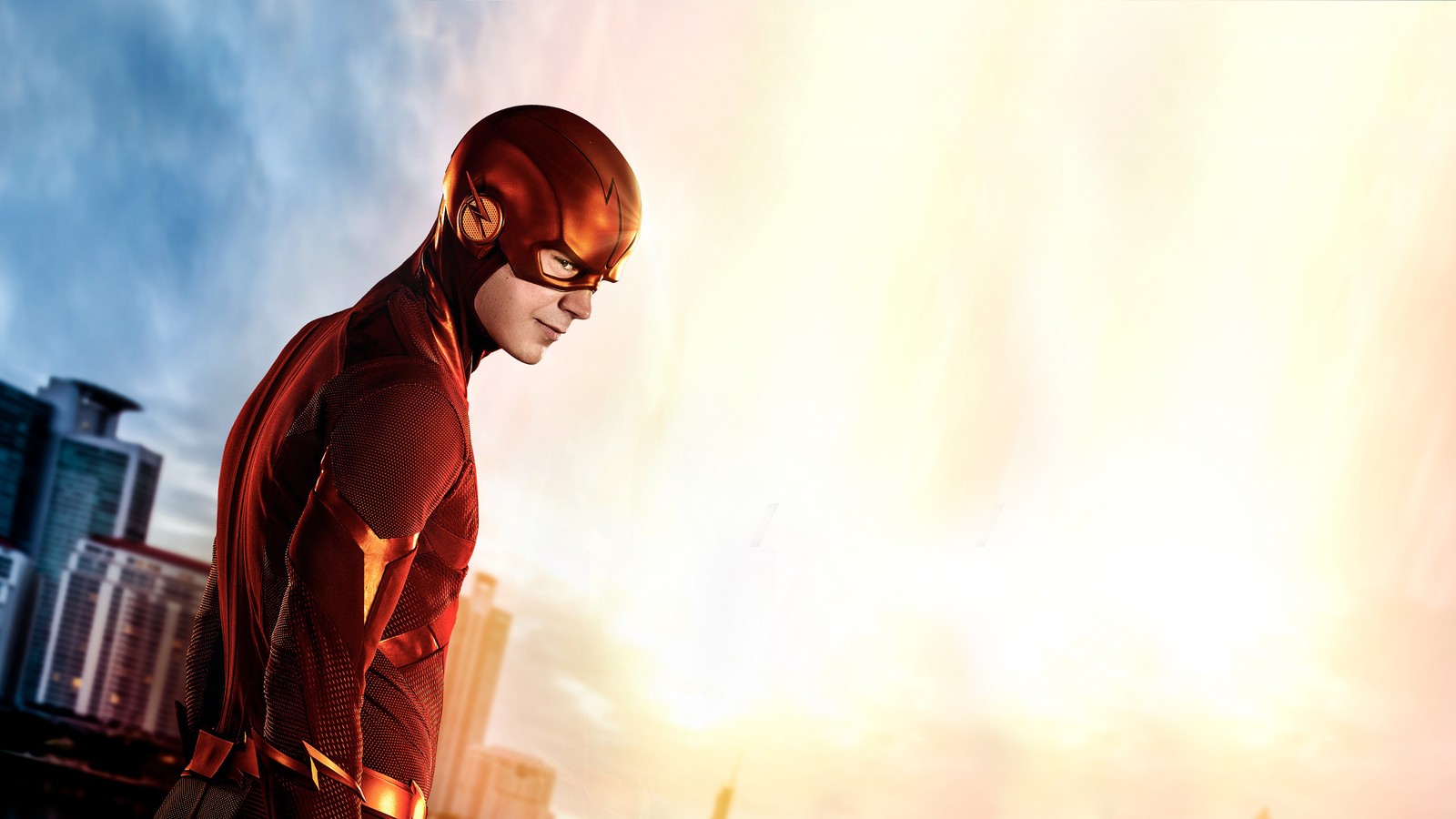 Araffe the flash in the flash suit standing in front of a city (the flash, episode, cool, eyewear, glasses)