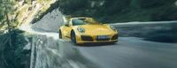 Voiture de sport Porsche jaune dynamique sur route de montagne