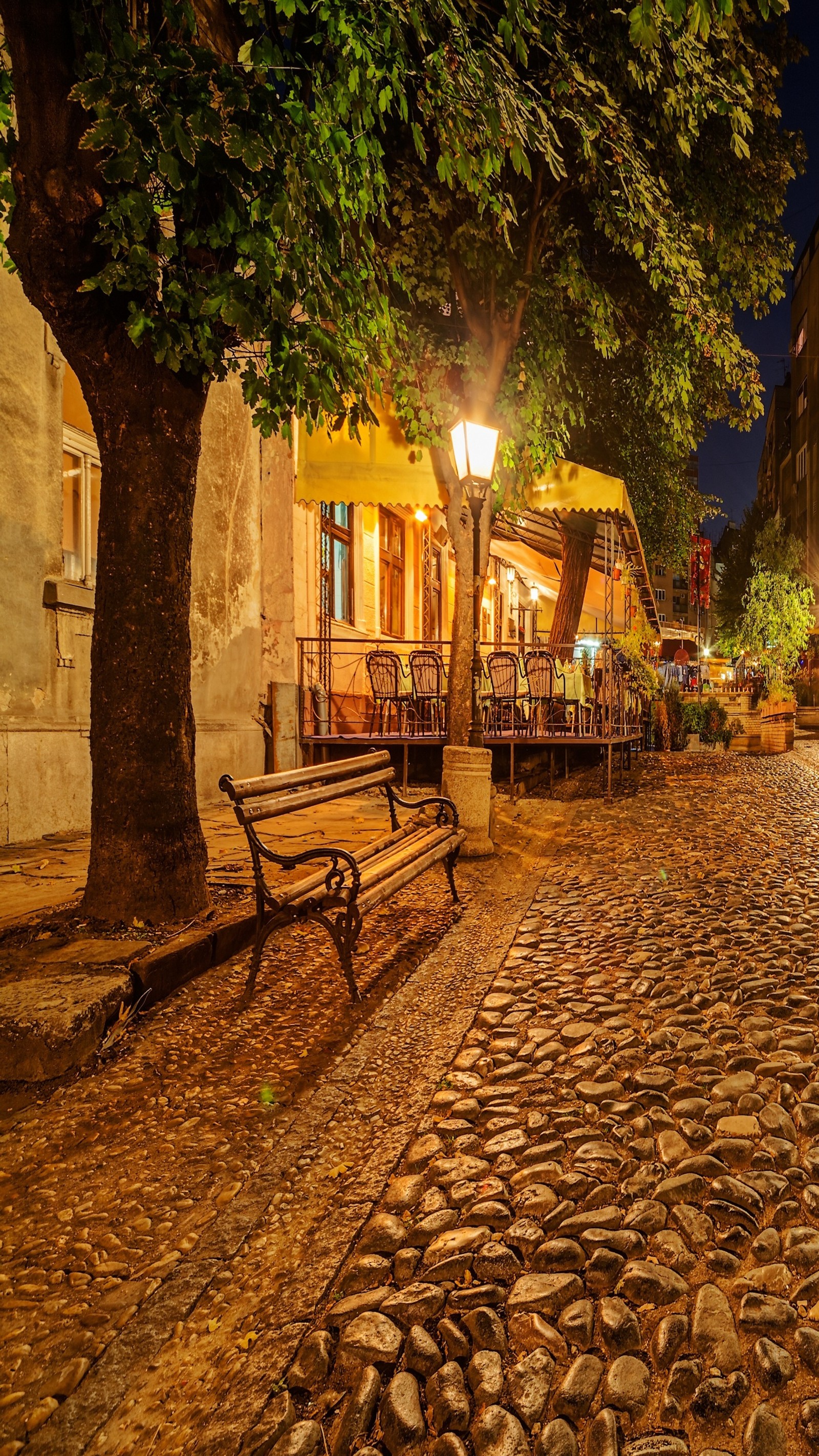 Hay un banco en una calle adoquinada en un pueblo (abej, beograd, amor, skadarlija)