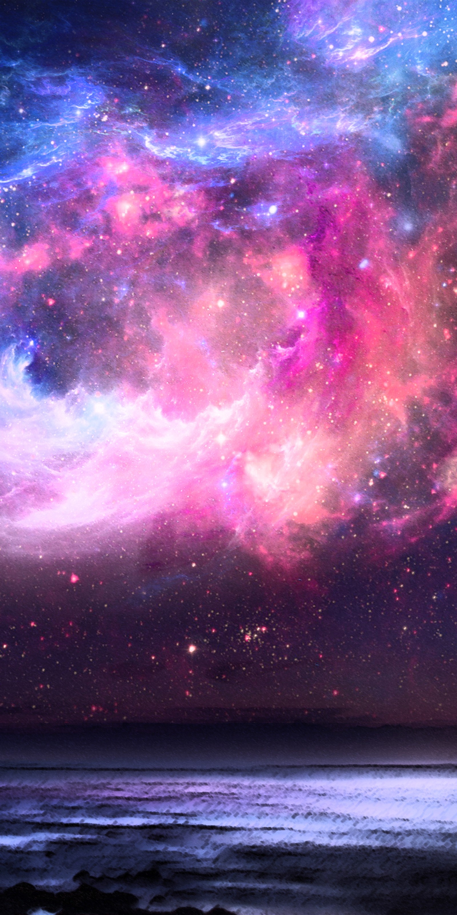 Lade galaxie, landschaft, nebel, rosa, himmel Hintergrund herunter