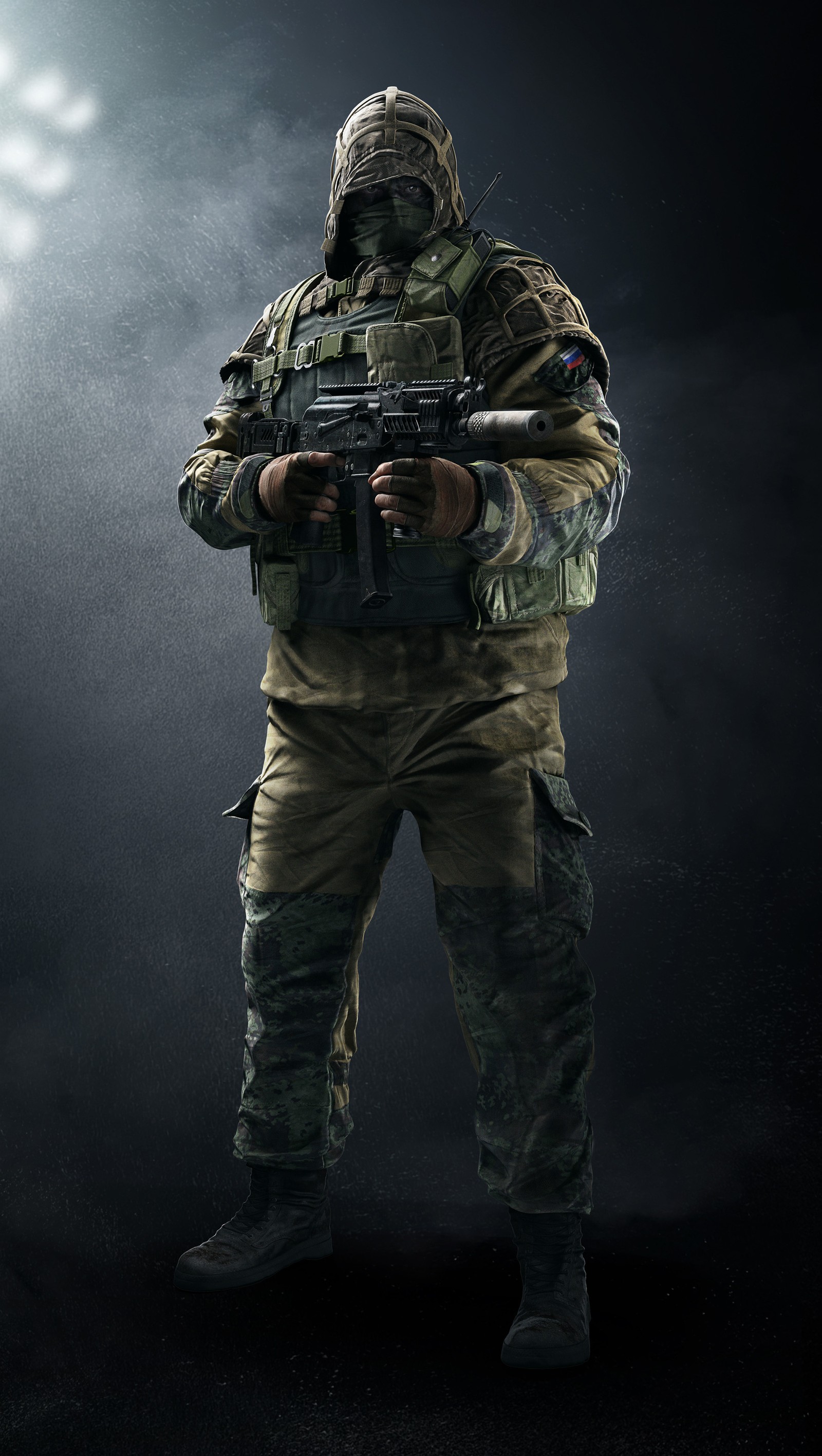 Um soldado árabe em camuflagem segurando uma arma em uma sala escura (rainbowsixsiege, tom clancy)