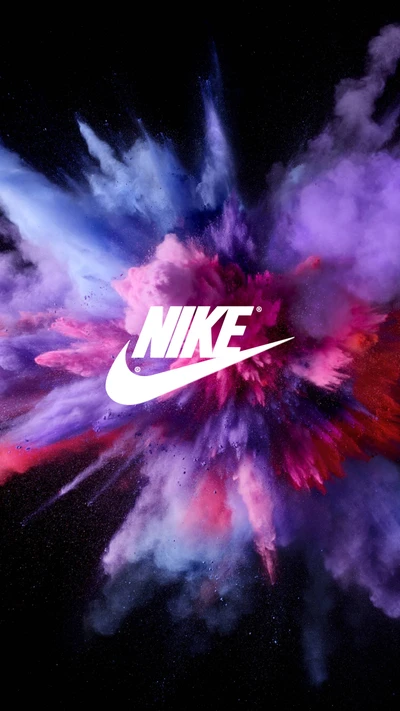 Logotipo vibrante de Nike rodeado de una explosión cósmica colorida