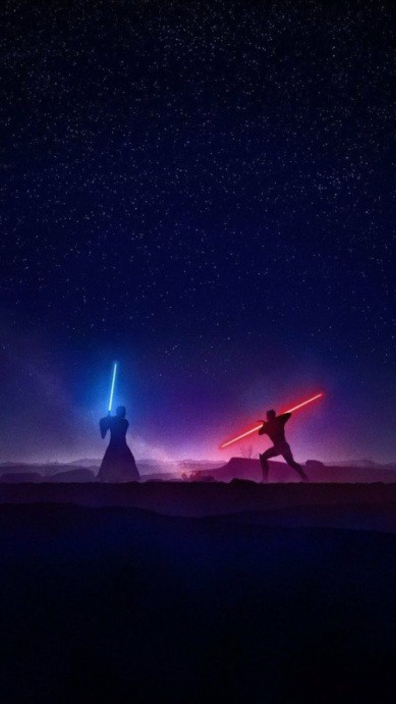 Two lightsabers are in the sky with a star in the background (black, darkside, hd, lightsaber, obi van)