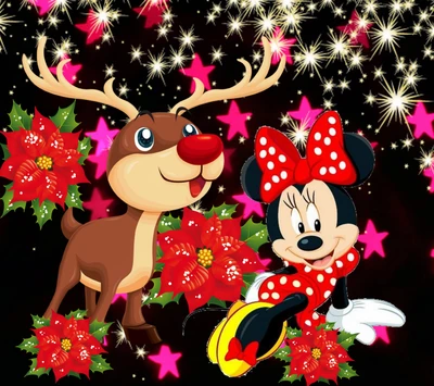 Minnie Mouse célèbre Noël avec un renne joyeux et des fleurs festives