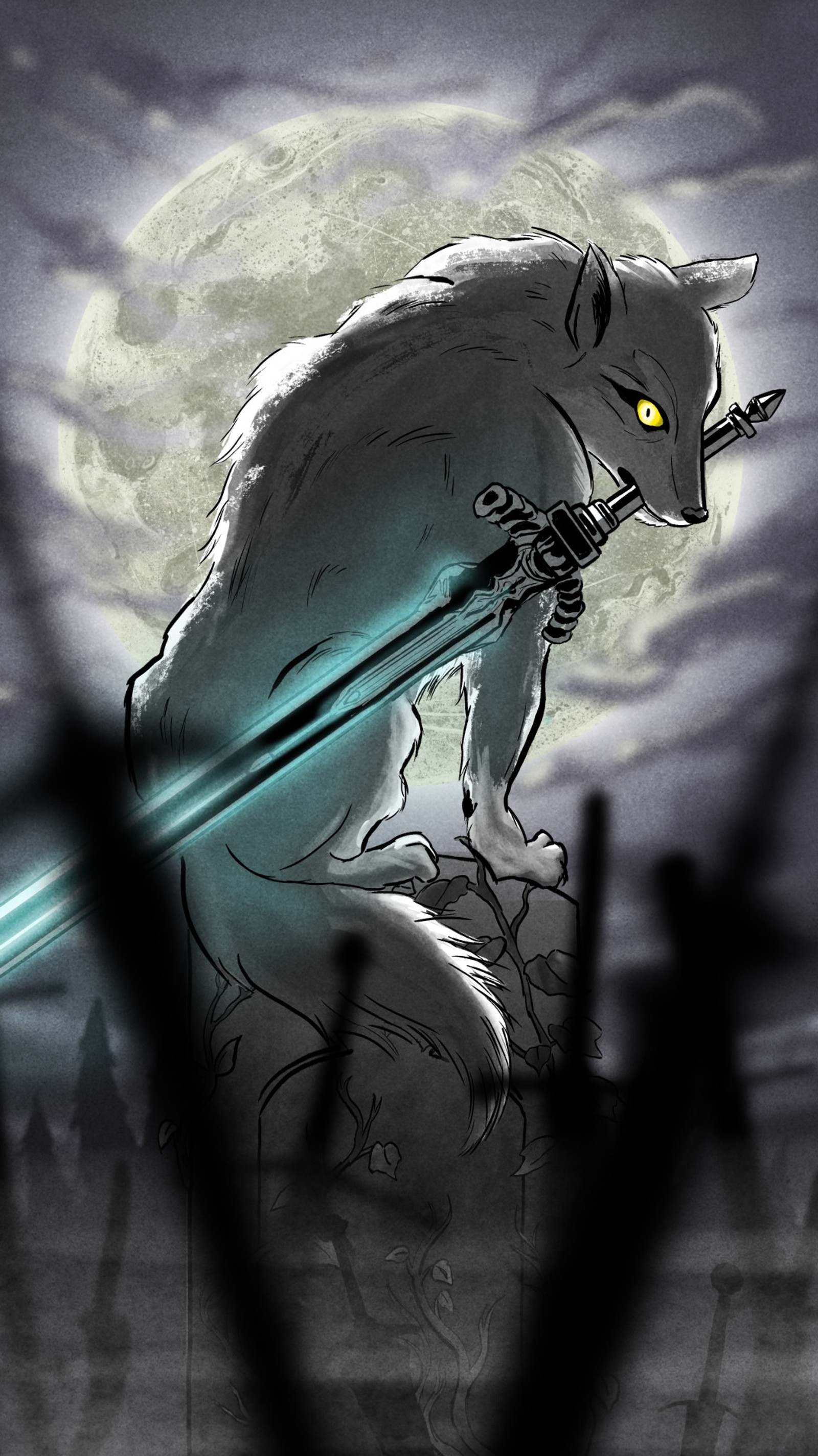 There is a drawing of a cat with a sword in its hand (dark, dark souls, demon, dog, sif)