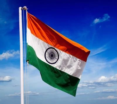 Indian Flag Against a Bright Blue Sky