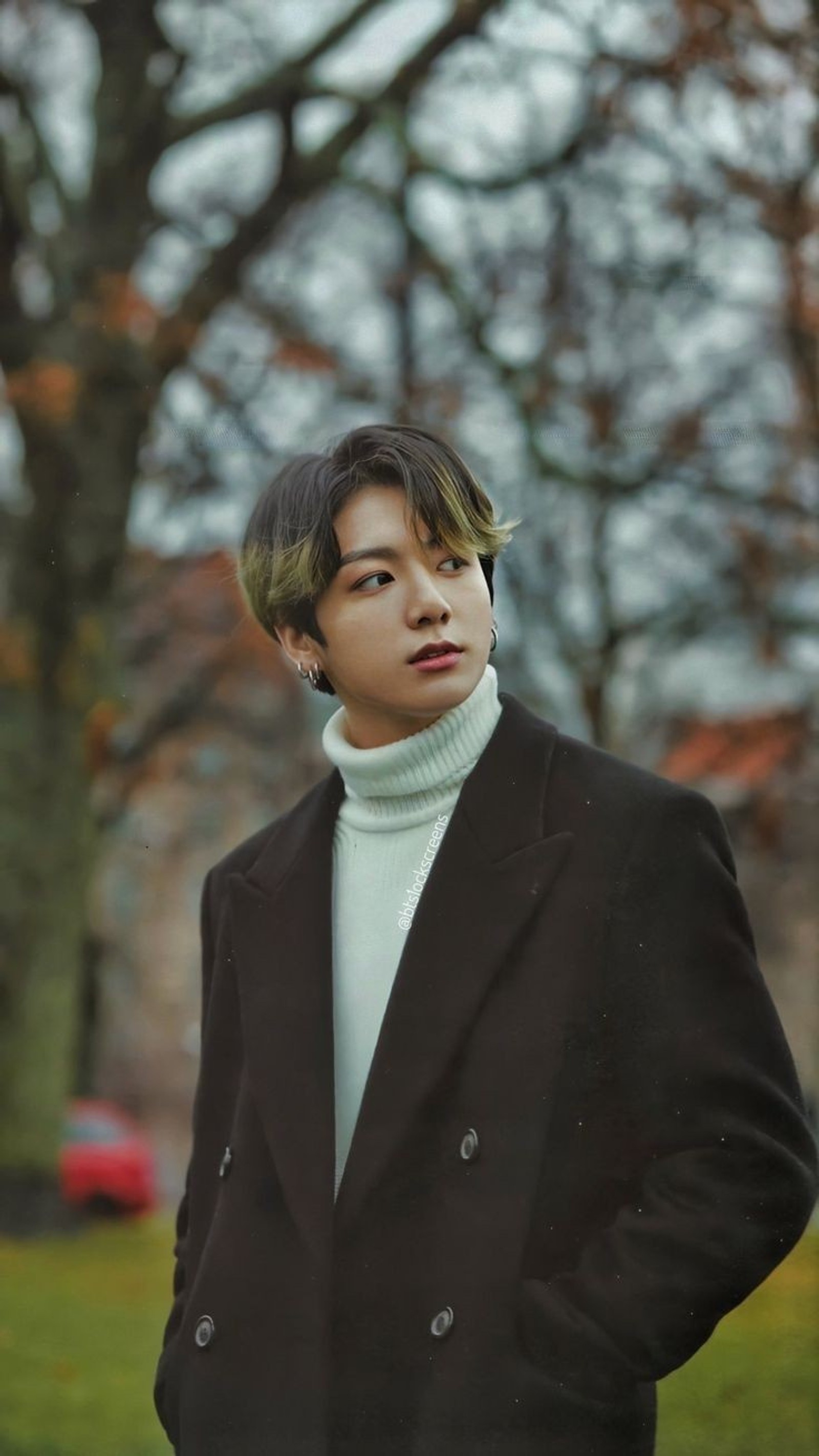 Image déformée d'un homme en manteau noir se tenant dans un parc (bts jungkook, jk gl)