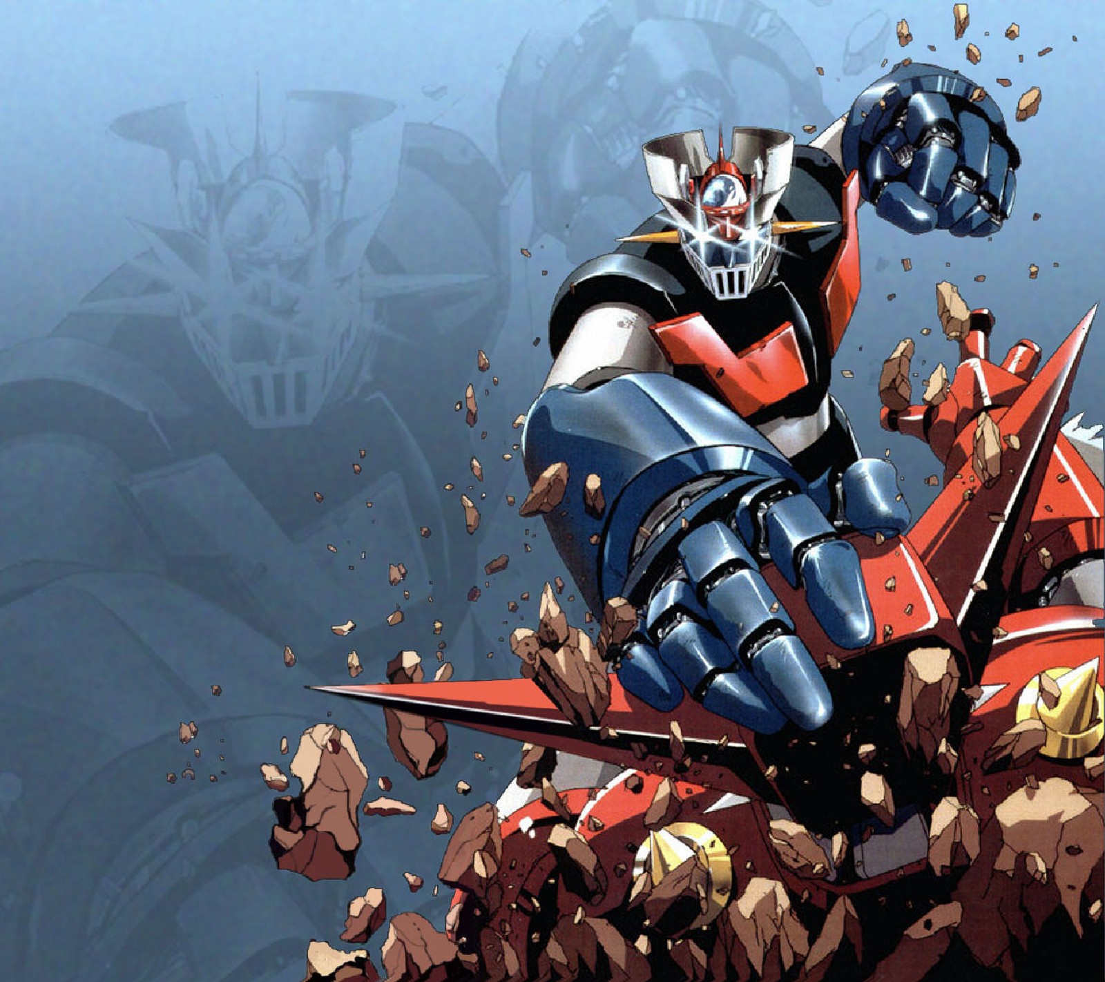 A close up of a robot with a gun in a rocky area (getta, mazinga, mazinger)