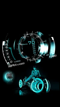 Fille 3D chevauchant une moto futuriste avec le logo Apple et un compteur de vitesse