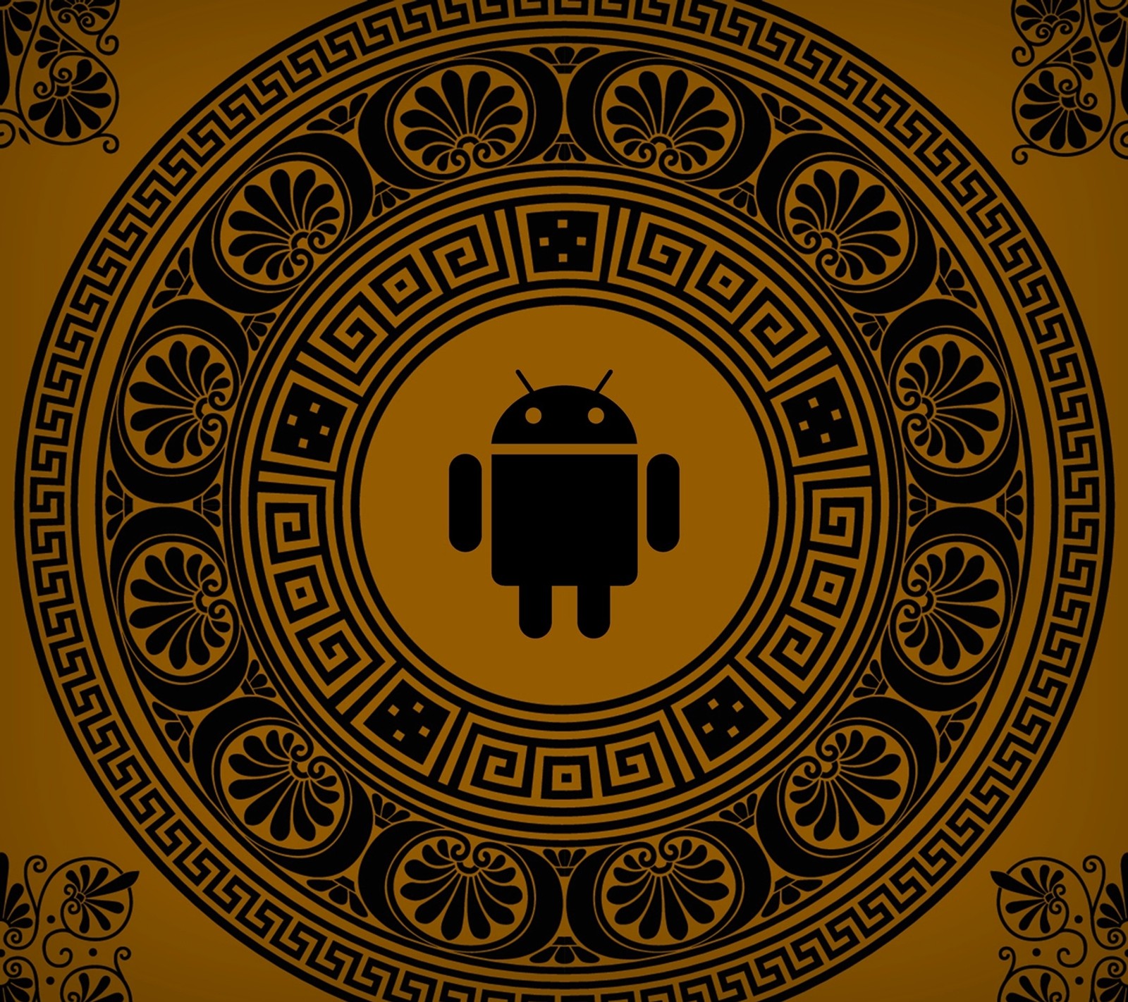 Un primer plano de un diseño circular con un pequeño logotipo de android (android, grecia, griego, robot)