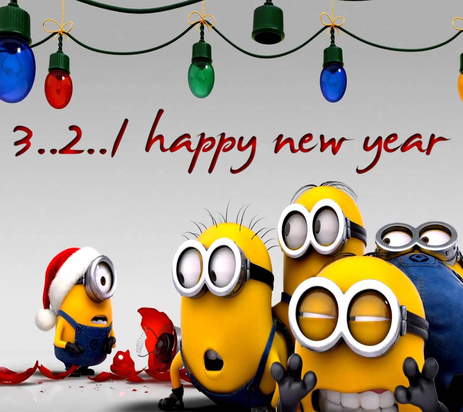 Gros plan d'un groupe de minions avec des lumières de noël (bonne année, minions)