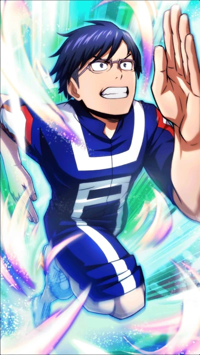 Tenya Iida in dynamischer Actionpose, die Entschlossenheit und Geschwindigkeit in einer anime-inspirierten Umgebung zeigt.