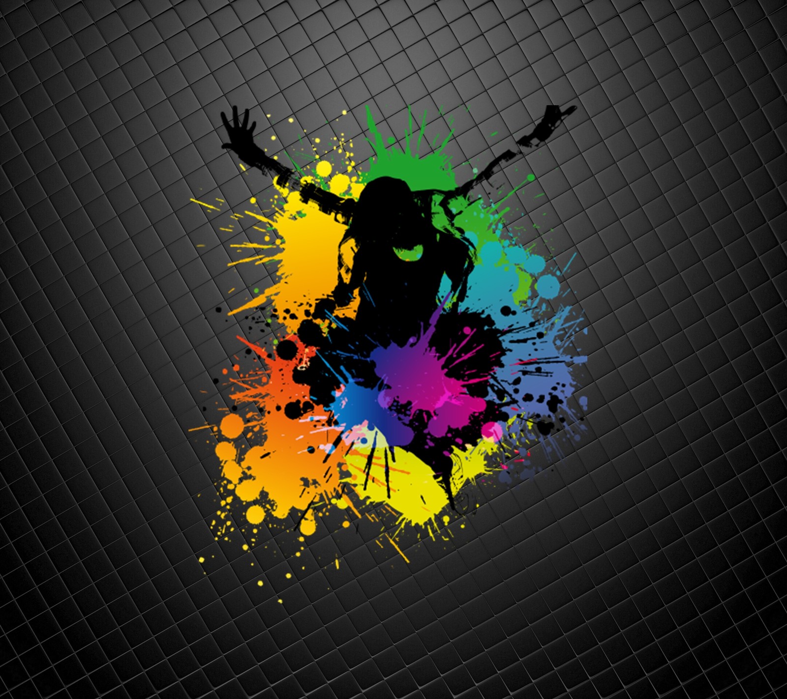 A colorful splash paint design with a man playing guitar (black, colors, tiles)