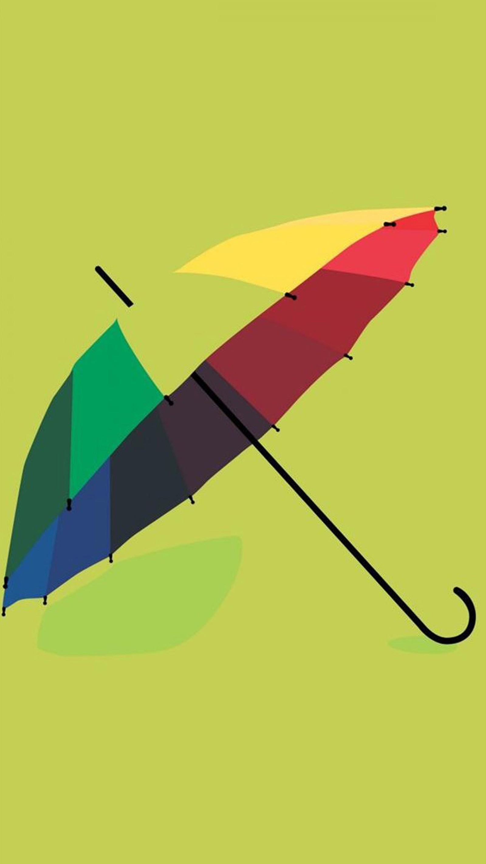 Un parapluie coloré avec un manche noir sur un fond vert (abstrait, coloré, design, parapluie)