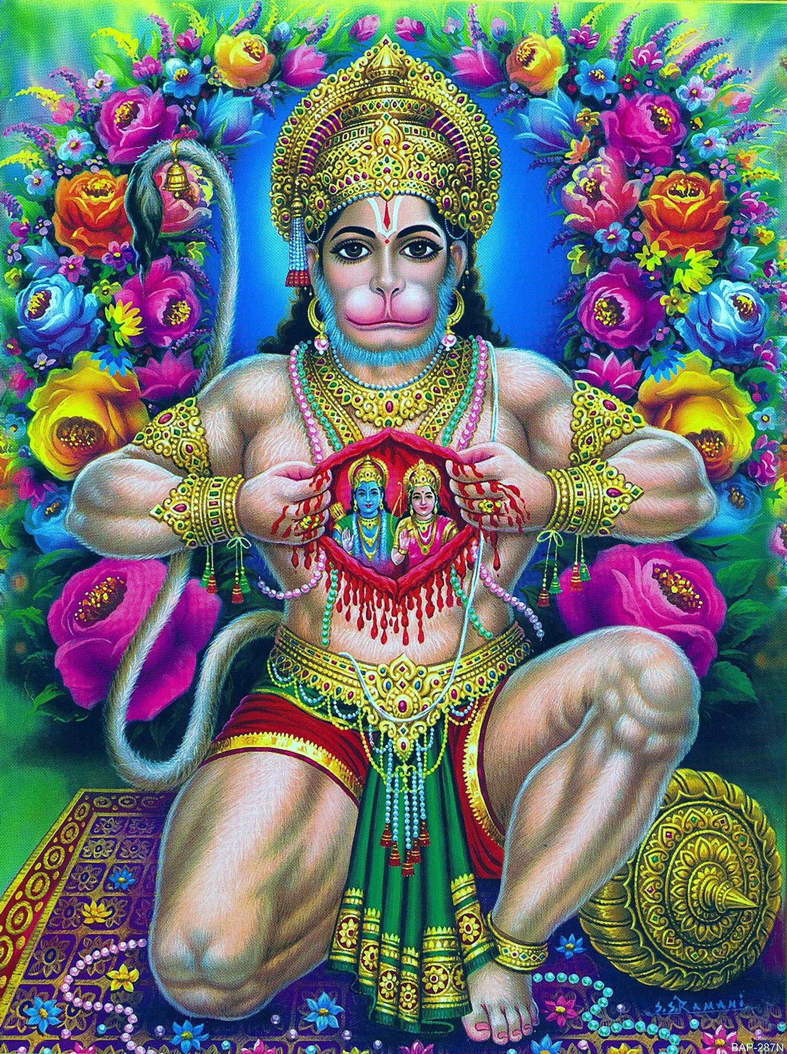 Una pintura de un mono con un corazón en la boca (hanumanji, jayanti, señor)