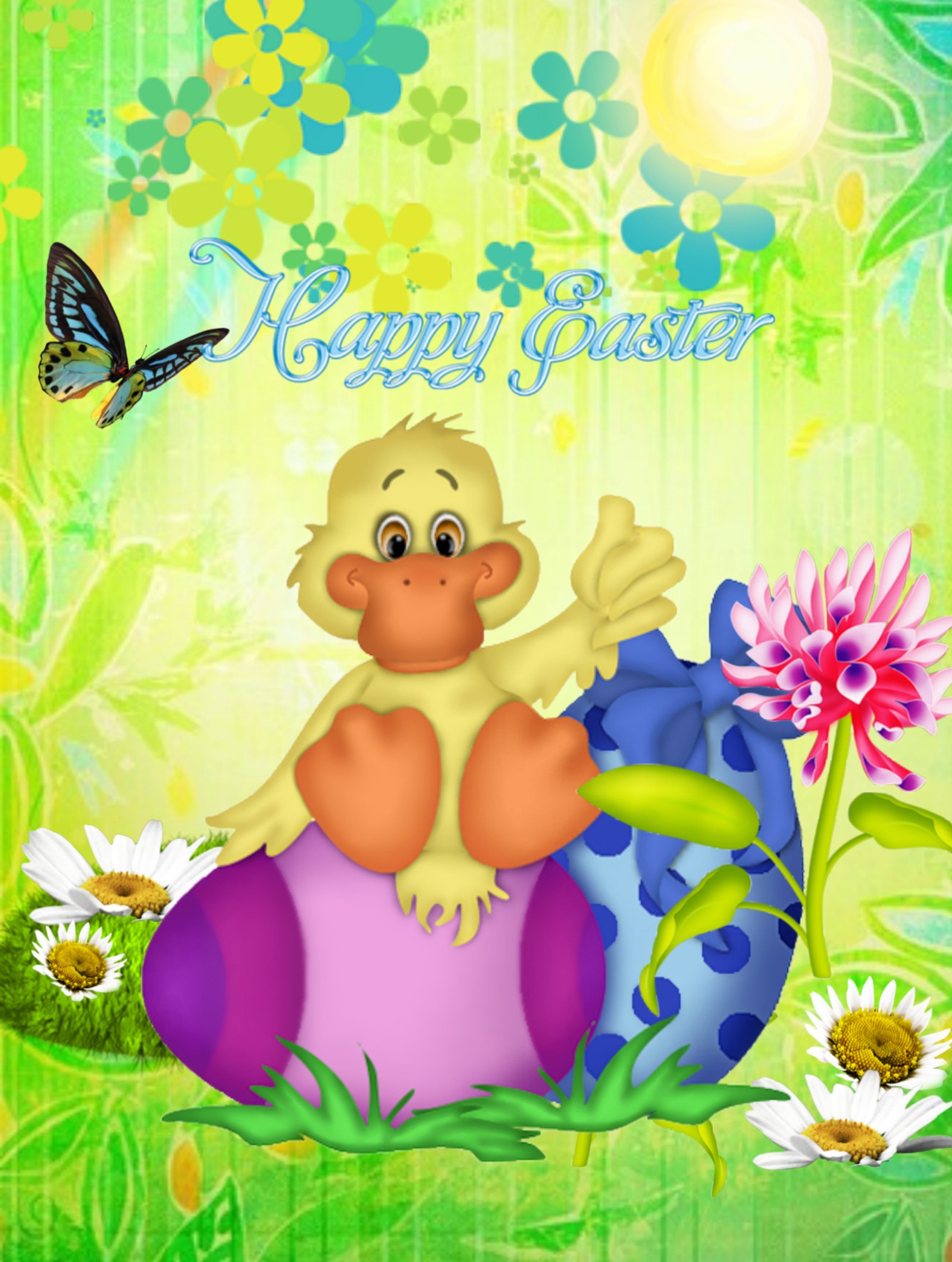 A close up of a baby duck sitting on an egg with flowers (abstract, color, easter, eggs, spring)