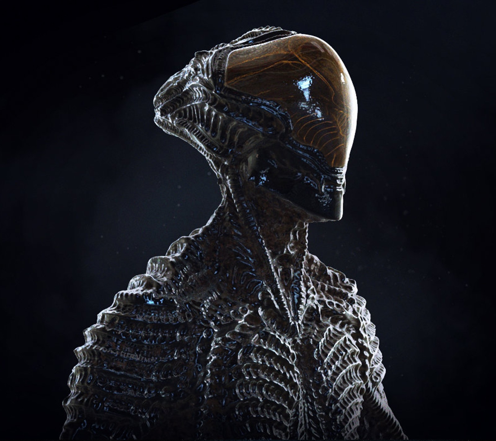 Arafed alien with a helmet and a chain around his neck (alien, waralien)