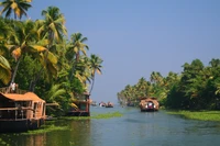 Serene river canal surrounded by lush palm trees and traditional houseboats.