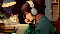 Cozy Lofi Girl Listening to Music with Her Cat