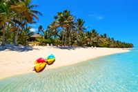 Bunte Kajaks an einem unberührten tropischen Strand mit klarem türkisfarbenem Wasser und üppigen Palmen.