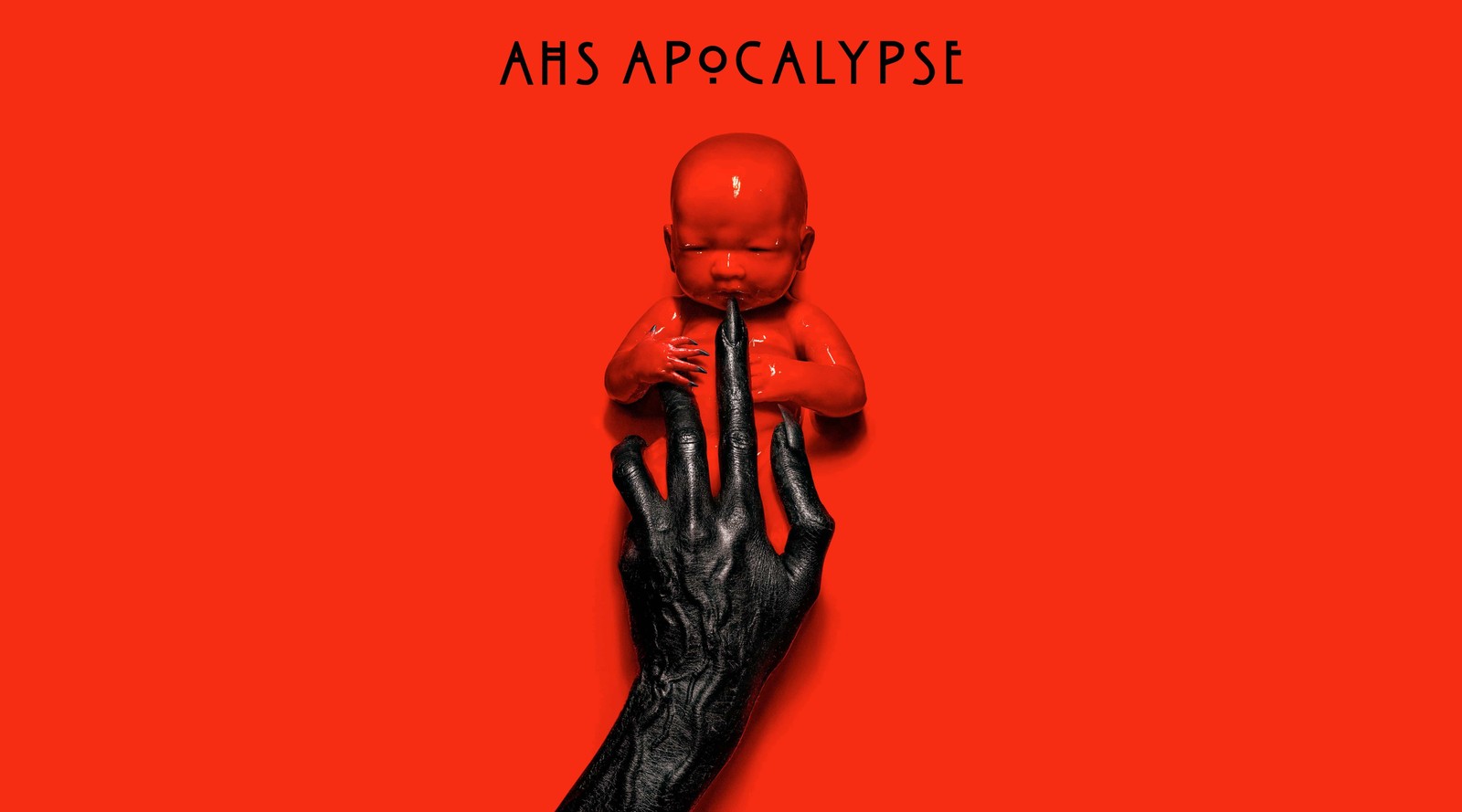 A hand holding a baby with the words,'ams air apocalypse ' (american horror story apocalypse, 5k, red, spooky, movies)