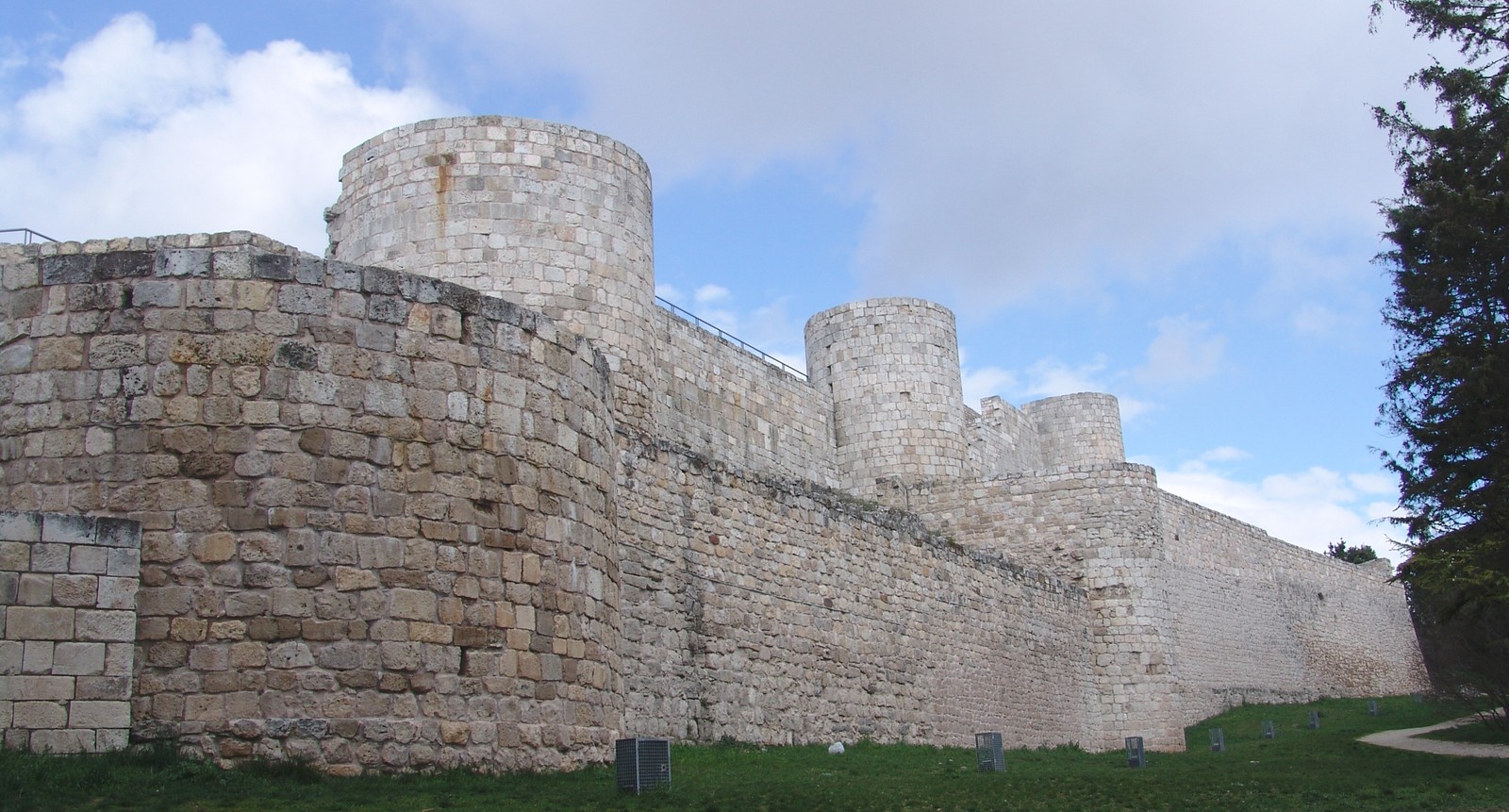 Arafed stone wall with a gate and a grassy area (fortification, castle, ruins, wall, historic site)