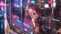 anime, chicas, montar, autobús, lloviendo