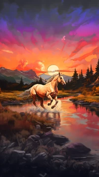 Mustang Palomino au Crépuscule : Un Reflet Vibrant du Coucher de Soleil