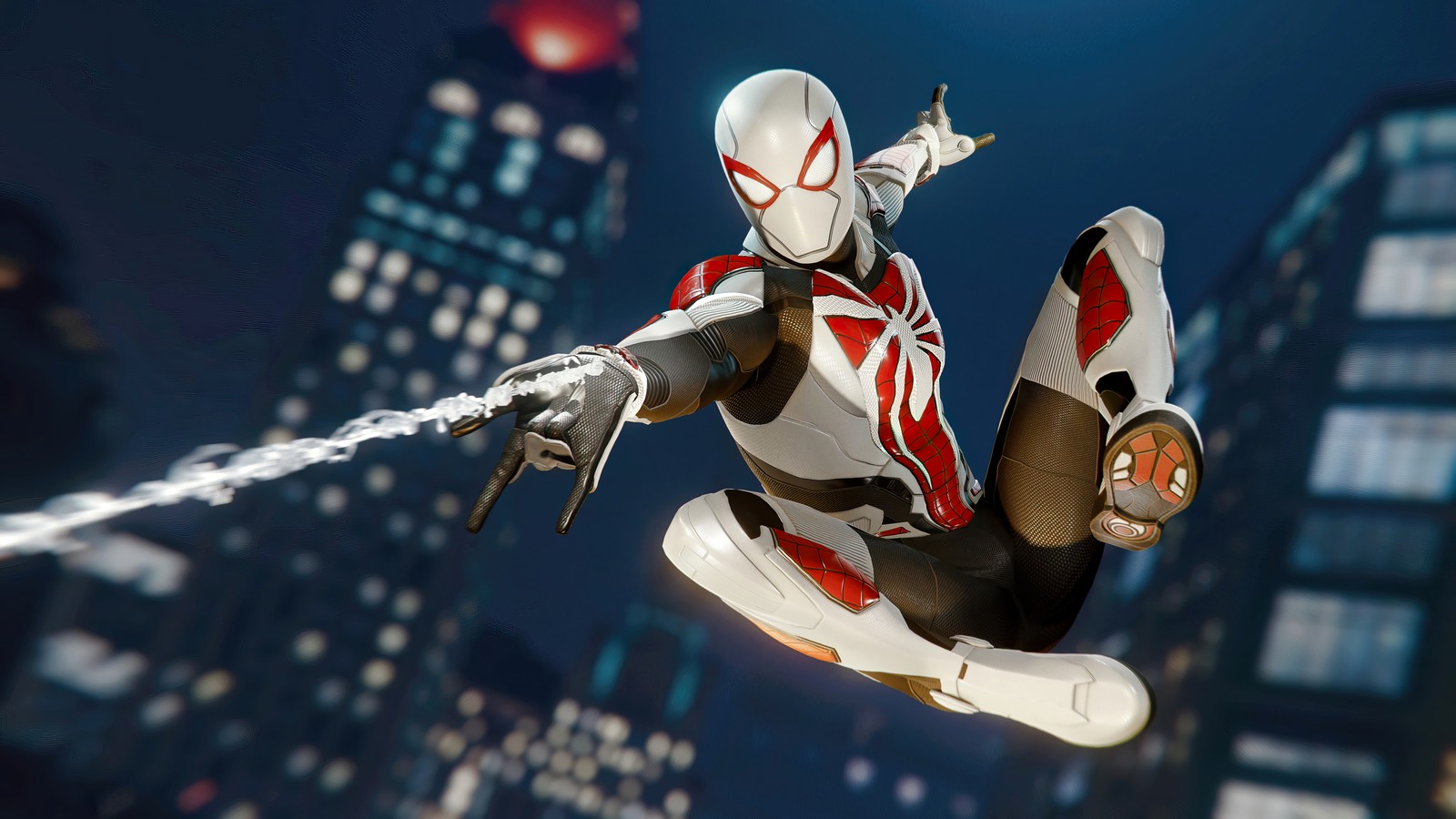 Spider-man dans un costume blanc vole dans les airs (marvels spider man, insomniac, playstation, jeu vidéo, armored advanced suit)