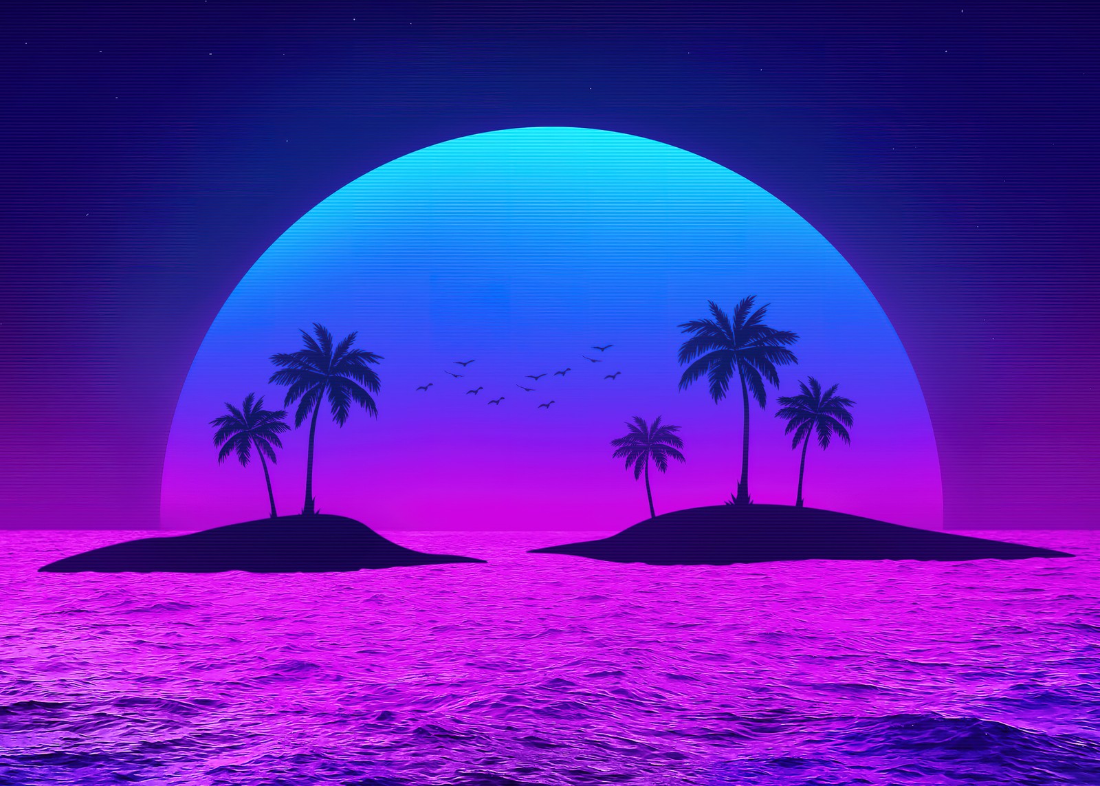 Un coucher de soleil violet et bleu avec des palmiers et des oiseaux volant au-dessus de l'eau (tropical, îles, palmiers, coucher de soleil, néon)