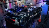 Policial de anime ao lado de um carro de patrulha futurista