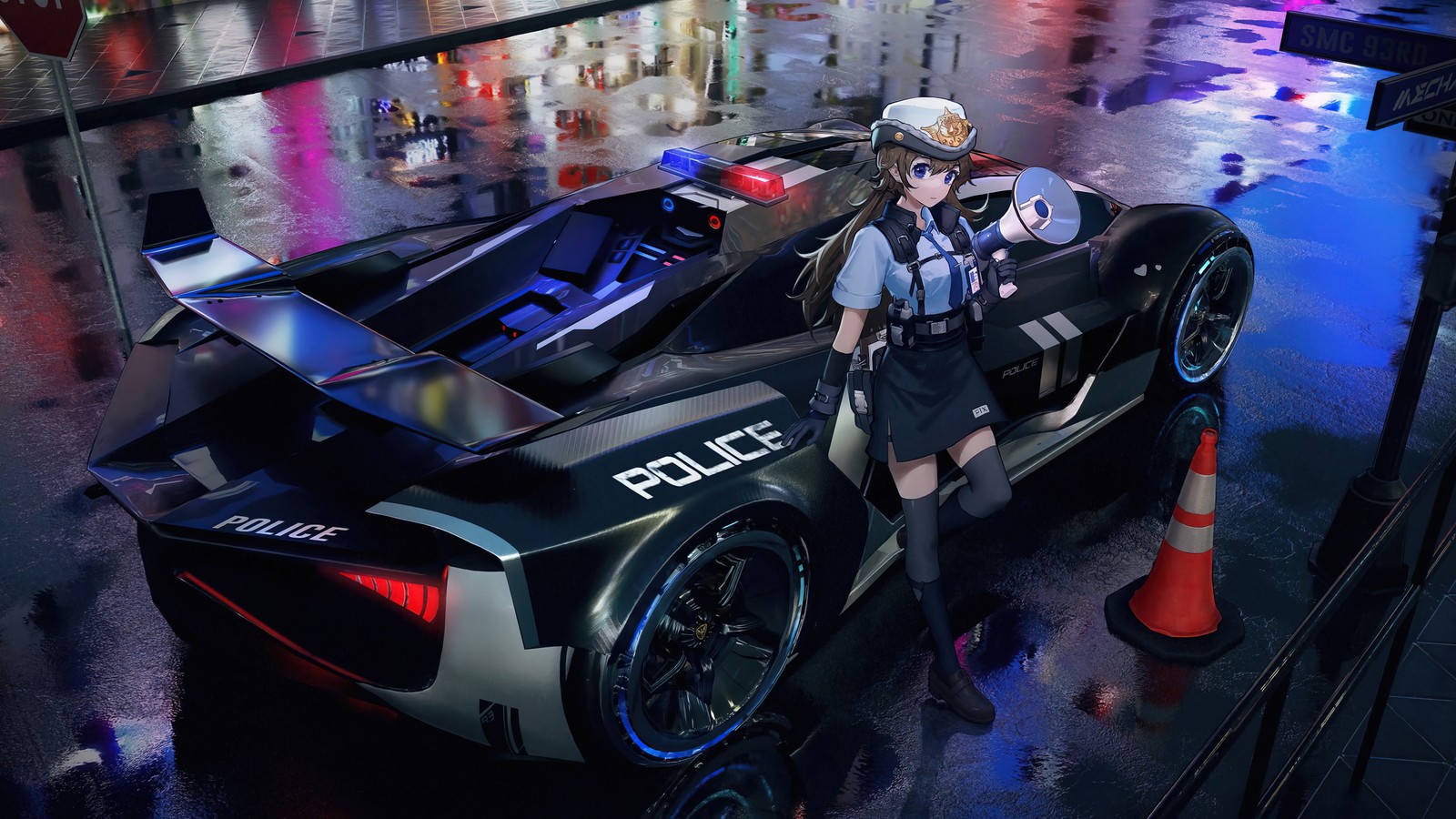 anime girls, anime, police, car wallpaper