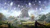 A majestic world tree towers over a vibrant landscape, surrounded by adventurers in a mystical setting from "Throne and Liberty.