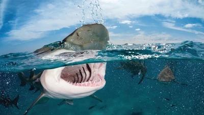 Tiburón toro con la boca abierta emergiendo del agua